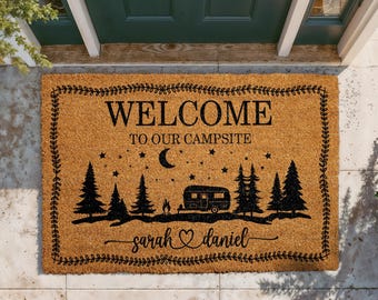 Welcome To Our Campsite Doormat, Personalized Camping Welcome Mat, Custom Couple Name Door Mat, Happy Campers Coir Mat, RV Housewarming Gift