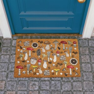 Whimsical Mushroom Doormat, Fungi Welcome Mat, Botanical Mushroom Coir Mat, Boho Outdoor Door Mat, Cottagecore Housewarming Gift