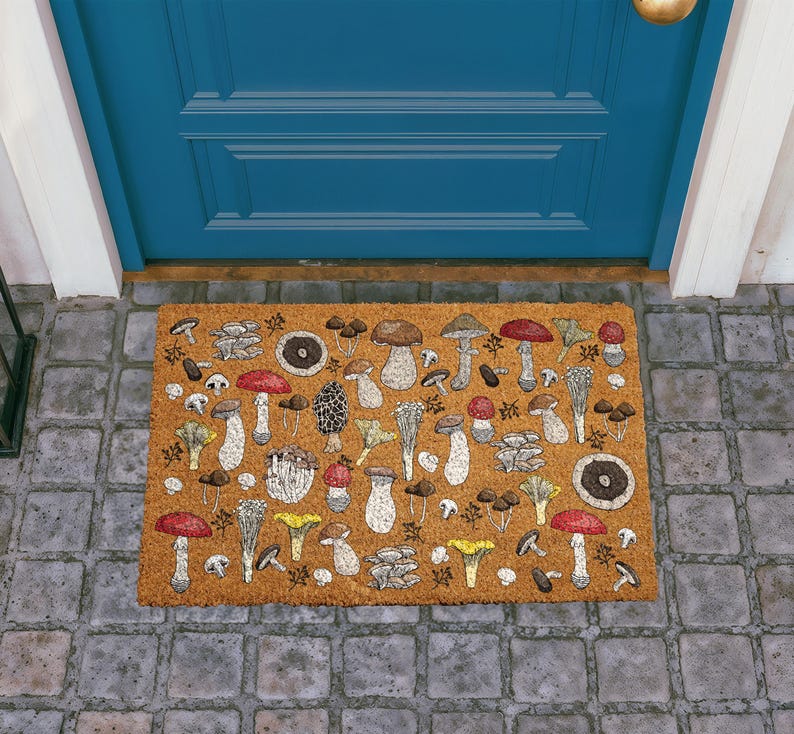 Whimsical Mushroom Doormat, Fungi Welcome Mat, Botanical Mushroom Coir Mat, Boho Outdoor Door Mat, Cottagecore Housewarming Gift