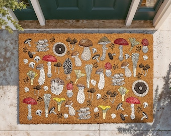 Whimsical Mushroom Doormat, Fungi Welcome Mat, Botanical Mushroom Coir Mat, Boho Outdoor Door Mat, Cottagecore Housewarming Gift