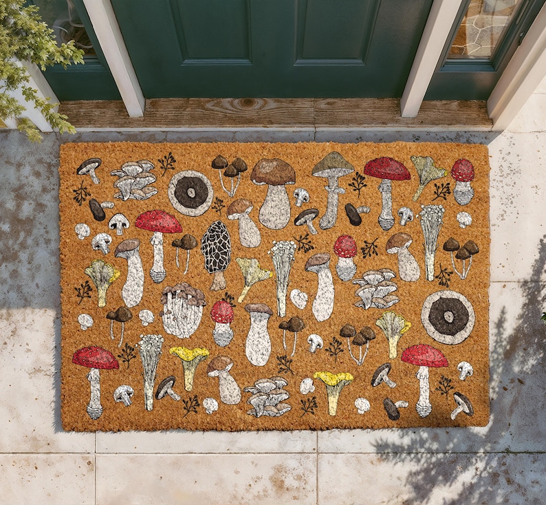 Whimsical Mushroom Doormat, Fungi Welcome Mat, Botanical Mushroom Coir Mat, Boho Outdoor Door Mat, Cottagecore Housewarming Gift