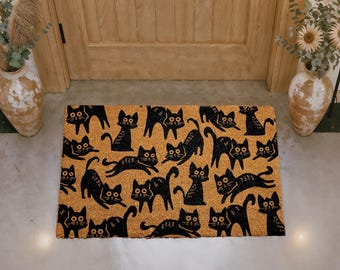 Whimsical Cat Doormat, Funny Kitty Welcome Mat, Cute Animal Coir Door Mat, Outdoor Entryway Rug, Front Porch Decor, Black Cat Lovers Gift