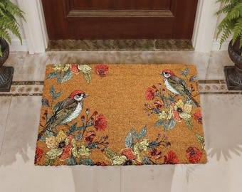 Vintage Floral Doormat, Botanical Flowers Welcome Mat, Cottagecore Bird Door Mat, Natural Coir Mat, Seasonal Front Porch Mat, Outdoor Mat