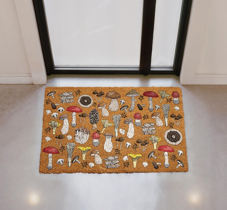 Whimsical Mushroom Doormat, Fungi Welcome Mat, Botanical Mushroom Coir Mat, Boho Outdoor Door Mat, Cottagecore Housewarming Gift