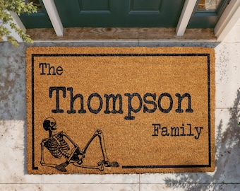 Personalized Family Name Doormat, Custom Halloween Welcome Mat, Funny Skeleton Door Mat, Spooky Season Outdoor Rug, Gothic Front Porch Decor