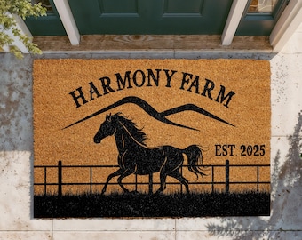 Personalized Farm Doormat, Custom Name Welcome Mat, Farmhouse Coir Mat, Western Ranch Outdoor Rug, Entryway Door Mat, Horse Lover Decor Gift