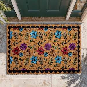 Abstract Floral Doormat, Colorful Flowers Welcome Mat, Strawberry Front Porch Decor, Summer Housewarming Gift, Wildflower Pattern Door Mat