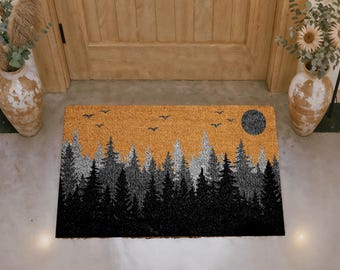 Spooky Forest Doormat, Pine Tree Silhouette Welcome Mat, Woodland Night Scene Mat, Nature Inspired Door Mat, Moonlit Sky Entryway Coir Rug