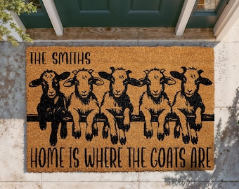 Home Is Where The Goats Are Doormat, Custom Family Name Welcome Mat, Personalized Funny Coir Rug, Farmhouse Porch Decor, Housewarming Gift