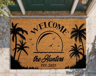 Personalized Tropical Welcome Doormat, Family Name Custom Door Mat, Front Porch Rug, Beach Inspired Coir Mat, Outdoor Entryway Home Decor