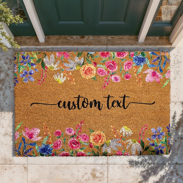 Boho Floral Doormat, Custom Text Welcome Mat, Personalized Family Name Door Mat, Colorful Flowers Coir Mat, Seasonal Entryway Mat
