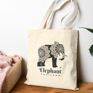 Elephant Thailand Cotton Canvas Tote Bag | Eco-Friendly, Reusable, Boho Elephant Bag, Shopping, Beach, Gift, Travel Bag, Travel Lover Gift