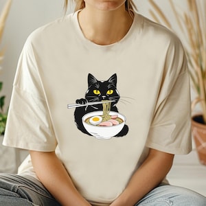 Cute Cat Noodle T-Shirt, Ramen Cat T-Shirt, Foodie Lover Shirts, Black Cat Noodle T-Shirts, Retro Cat Tees, Cat Lover Shirt, Black Cat Tee