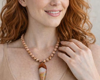 Natural Jasper Pendant Necklace – Boho Beaded Statement Jewelry