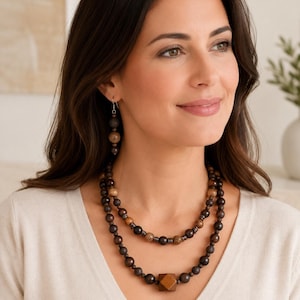 Brown Double-Strand Beaded Necklace Set with Matching Earrings, Earth-Tone Layered Statement Jewelry
