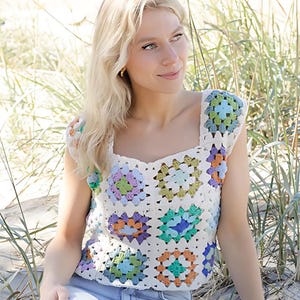 Garden Squares Boho Crochet Top Pattern | Colorful Granny Square Summer Shirt | DIY Festival Outfit PDF – Sizes S to XXXL