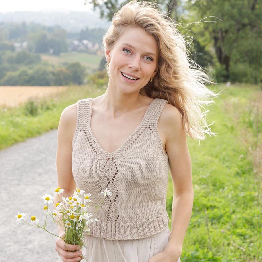 Together Forever – Knitted V-neck Top With Lace Pattern, I-cord