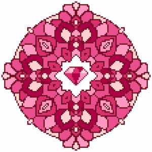 May include: A pixel art design featuring a central dark pink diamond shape surrounded by a symmetrical, multi-layered floral mandala pattern in various shades of pink, ranging from light pastel pink to deep magenta, set against a white background.