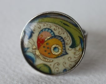 Handmade Florentine Butterfly Ring, Green Gold Resin Cabochon, Adjustable