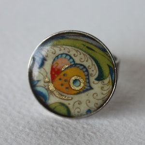 Glass Cabochon butterfly Ring, Italian paper florentine style, Green, Gold, Handmade jewel in resin, Adjustable ring