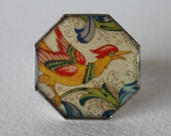 Ring of Phoenix - floral patterns with bird, Italian paper florentine style, Green, Orange, Handmade jewel in resin, Adjustable ring