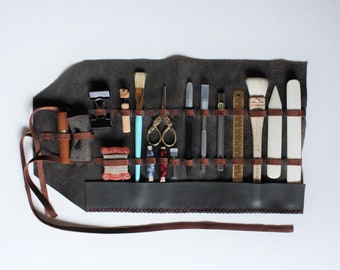 Bookbinding Toolkit with Gray Leather Case and 18 tools