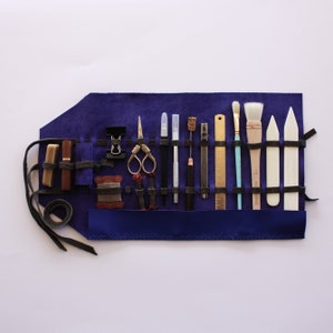 Kit di rilegatura con custodia in pelle blu, kit di rilegatura per legatori professionisti, strumenti di rilegatura antica, kit di strumenti di rilegatura