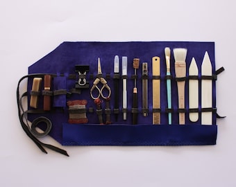 Kit de reliure avec étui en cuir bleu, kit de reliure pour relieurs professionnels, outils de reliure anciens, boîte à outils pour reliure