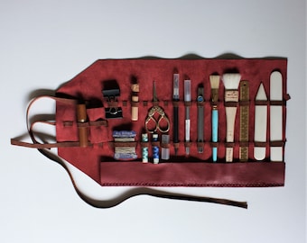 Handmade Bookbinding Tool Kit with Red Leather Roll Case and 18 tools