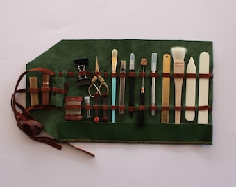 Kit de reliure avec étui en cuir vert, kit de reliure pour relieurs professionnels, outils de reliure anciens, boîte à outils pour reliure