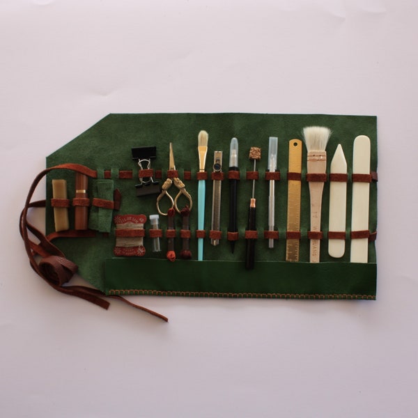 Bookbinding kit with green Leather Case, Bookbinding kit for professional bookbinders, Antique Bindinging tools, BookBinding toolkit