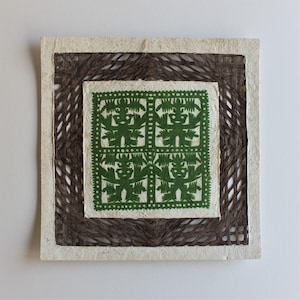 Banana Spirit | Green Mexican Amate Art - 30 x 30cm | Bark Woven Paper | Wall Art from Mexico