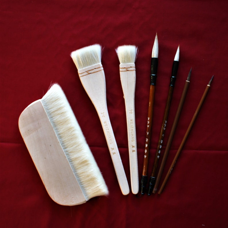 Japanese Brush Toolkit Set With Rollup Holder 7 Pieces, Watercolor Brushes Chinese Calligraphy