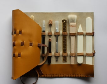 Bookbinding kit with Ochre Leather Case, Bookbinding kit for professional bookbinders, Antique Bindinging tools, BookBinding toolkit