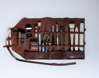 Kit de reliure avec étui en cuir brun, kit de reliure pour relieurs professionnels, outils de reliure antique, boîte à outils BookBinding