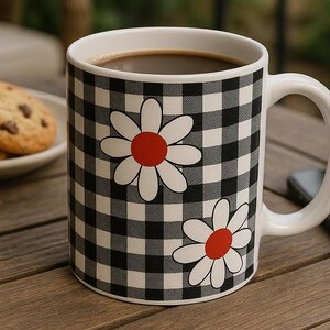 Mug Black White Gingham Cute Daisys Coffee Cup Aesthetic Gift for Her Cottagecore Kitchen Decor Retro Country Vibe farmhouse Floral