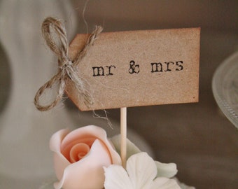 mr & mrs Wedding Cupcake Toppers - kraft with rustic twine bows - set of 10