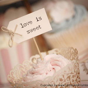 Set of 10 love is sweet Wedding Cupcake Toppers - ivory with twine bows