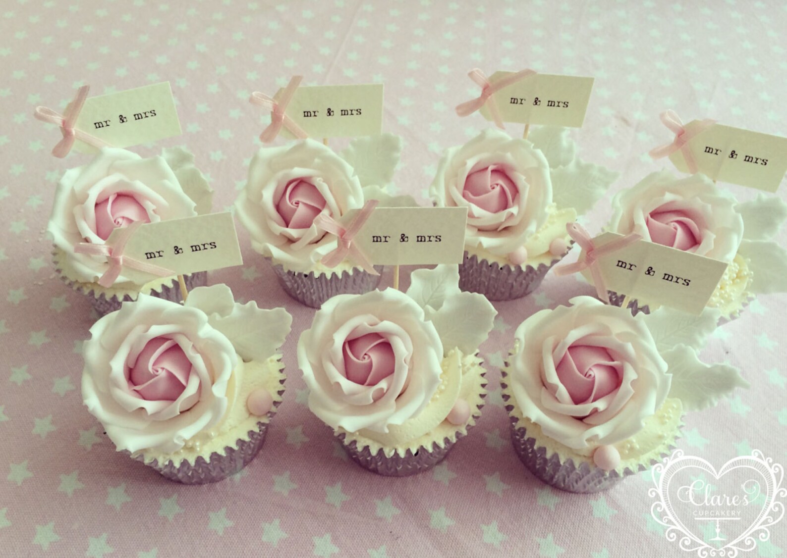 Mr & Mrs Wedding Cupcake Toppers Ivory With Pastel Pink Bows Etsy