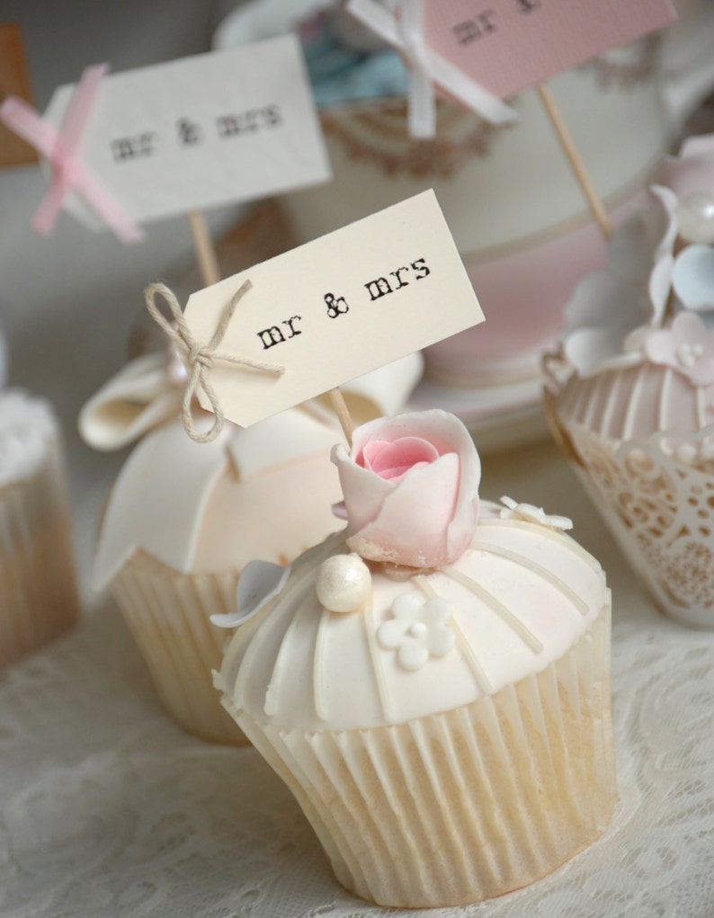 Mr & Mrs Wedding Cupcake Toppers Ivory With Twine Bows Set Etsy