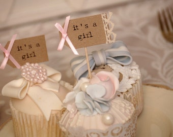 it's a girl Baby Shower cupcake toppers - kraft with pastel pink bows and crochet lace - set of 10