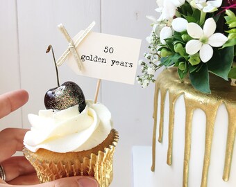 Set of 10 Golden 50th Wedding Anniversary Cupcake Toppers