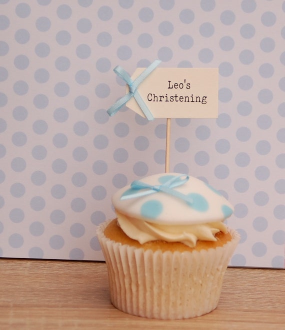 PERSONALISED CHRISTENING FLAGS BOYS CAKE DECORATIONS 20 CUPCAKE CONFIRMATION