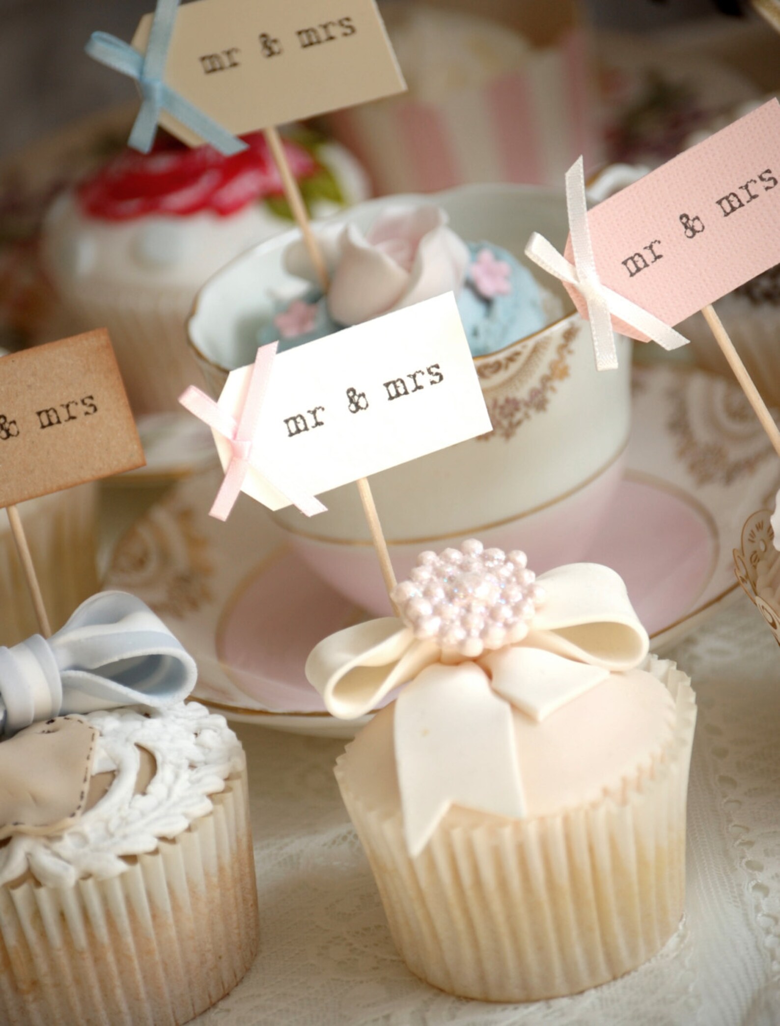 Mr & Mrs Wedding Cupcake Toppers Ivory With Pastel Pink Bows Etsy