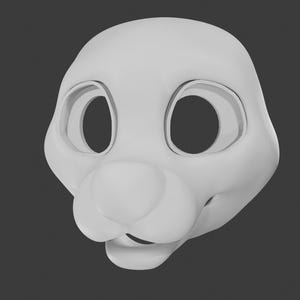 Puede incluir: Una cabeza de animal de dibujos animados blanca, renderizada en 3D, con grandes cuencas oculares ovaladas y un hocico redondeado. La cabeza es lisa y sin rasgos, con una ligera curva en las mejillas y una pequeña boca abierta. El fondo es gris oscuro sólido.