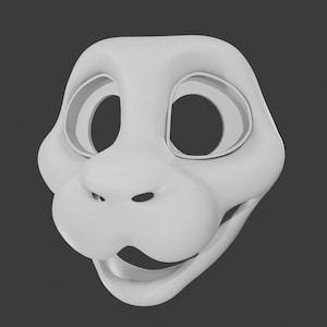 May include: A 3D-rendered, off-white, cartoon-style mask. The mask features large, oval eye openings, a prominent nose with two nostril holes, and a smiling mouth. The overall design suggests a friendly, animal-like character.