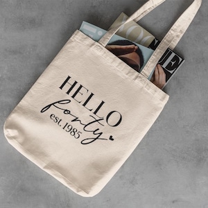 Hello Forty Tote Bag, 40th Birthday Gift for Her, est 1985, Fabulous Fortieth, Chic Minimalist Canvas Shopper
