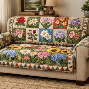 Blommigt trädgårdsquiltat sofföverdrag, vårsoffskydd, färgglatt blommigt lapptäcke, livfullt naturinspirerat sofföverdrag