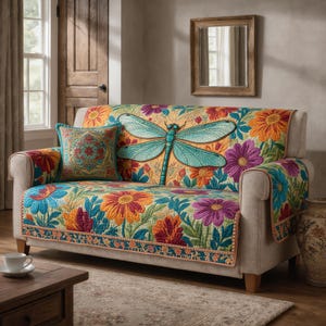 May include: A beige sofa with a vibrant floral patterned cover, showcasing a large turquoise dragonfly. A matching cushion with a circular design is on the sofa. The cover features orange, purple, and blue flowers.