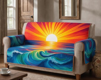 Quilted Sofa Cover Ocean Sunset Waves Couch Protector Soft Cotton Padded Slipcover Coastal Beach Decor
